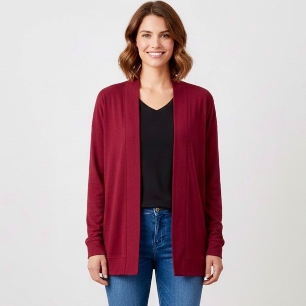 Summersalt Softest‎ Ribbed Cardigan Sweater Women Medium Red Maroon Open Front
